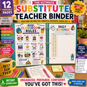 May include: A teal three-ring binder open to pages titled Our Classroom Rules and Daily Schedule, featuring colorful illustrations and text. Beside it sits a yellow mug with the text Best Sub Ever, a spiral notebook, pens, and sticky notes.