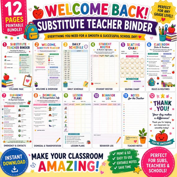 Substitute Teacher Binder Printable | Emergency Sub Binder | Teacher Sub Plans | Classroom Management Forms | Substitute Teacher Organizer
