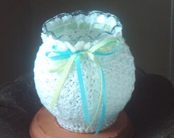 Glass,bowl,gift,candy,home,decor,office,crochet,teal,mint,white