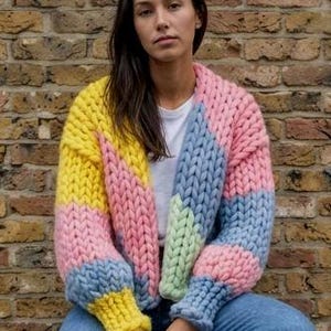 Chunky Cardigan Knitting Pattern PDF — The Crossover Color Block | Beginner Friendly | All Sizes | Video Tutorial