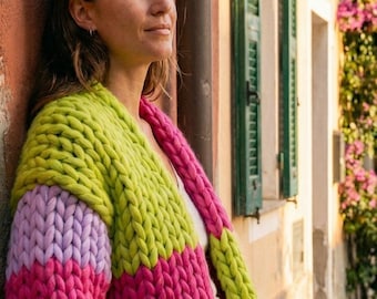 Chunky Patchwork Cardigan Knitting Pattern, Giant Yarn Color Block Sweater (PDF)