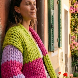 Chunky Patchwork Cardigan Knitting Pattern, Giant Yarn Color Block Sweater (PDF)