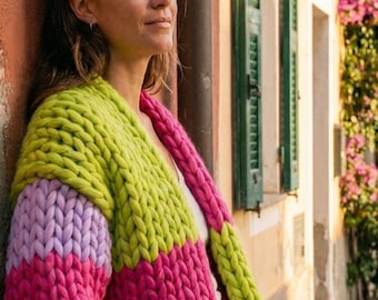 Chunky Patchwork Cardigan Knitting Pattern, Giant Yarn Color Block Sweater (PDF)