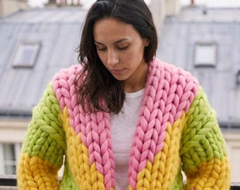 Chunky Cardigan Knitting Pattern — The Reflection Color Block | All Sizes | Video Tutorial