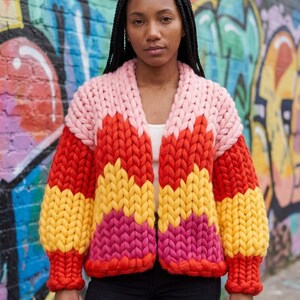 Chunky Cardigan Knitting Pattern – ZigZag bold Colour-Block Design (PDF)