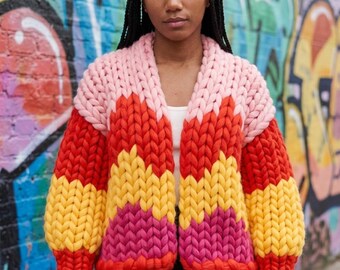 Chunky Cardigan Knitting Pattern – ZigZag bold Colour-Block Design (PDF)