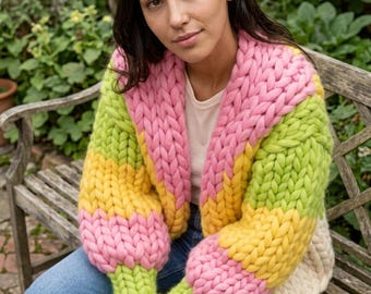 Chunky Cardigan Knitting Pattern — The Reflection Color Block | All Sizes | Video Tutorial