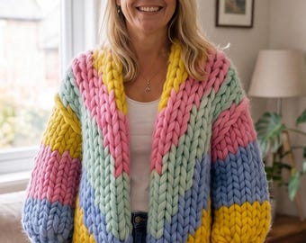 Modèle de tricot pour cardigan épais — The Reflection Color Block | Adapté aux débutants | Toutes les tailles | Tutoriel vidéo