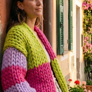 Chunky Patchwork Cardigan Knitting Pattern, Giant Yarn Color Block Sweater (PDF)
