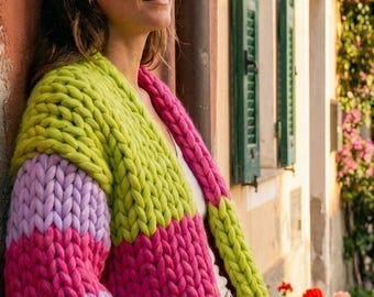 Chunky Patchwork Cardigan Knitting Pattern, Giant Yarn Color Block Sweater (PDF)