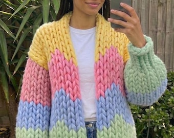 Chunky Cardigan Knitting Pattern PDF — The Zigzag Color Block | Beginner Friendly | All Sizes | Video Tutorial