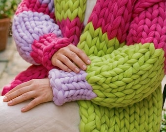 Chunky Patchwork Cardigan Knitting Pattern, Giant Yarn Color Block Sweater (PDF)