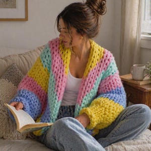 Peut inclure: Un cardigan en tricot épais aux couleurs pastel de rose, jaune, bleu et vert menthe. Le pull ouvert est porté sur un haut blanc et un jean bleu. Le design surdimensionné et douillet est parfait pour superposer et ajoute une touche de couleur à n'importe quelle tenue.