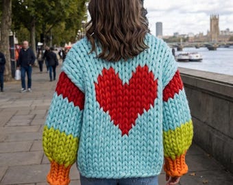 Chunky Cardigan Knitting Pattern • Heart Back Motif, Oversized Roving (PDF Download)