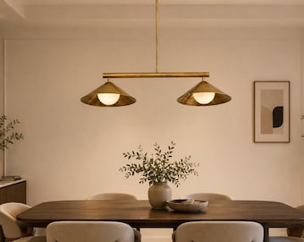 Brass Linear Chandelier – Dual Cone Pendant Ceiling Light, Mid-Century Modern
