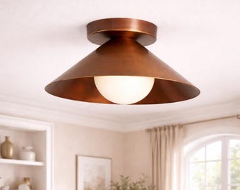 Handmade Antique Brass Flush Mount Ceiling Light: Mid-Century Modern Glass Globe