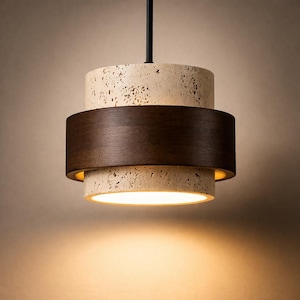 LED Pendant Light in Stone and Walnut Wood – Small Retro Hanging Lamp for Bedroom, Bar, or Restaurant