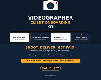 Videofilmer Vertragsvorlage | Kundenkit | Videografie-Vereinbarung, Musiklizenz, Pre-Produktion Brief