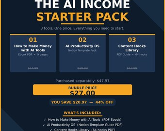 AI Income Starter Pack Bundle | Make Money with AI Ebook, Notion Template, Content Hooks | Digital Download PDF