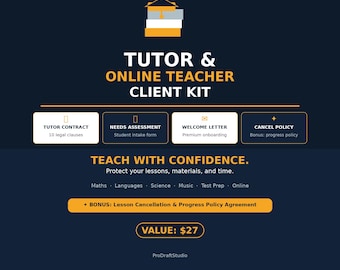 Tutor Vertrag Vorlage | Online Lehrer Kit | Nachhilfevereinbarung, Stornobedingungen, Schülerbeurteilung