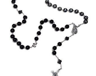 Men’s Black Catholic Rosary – Joshua 1:9 Be Strong and Courageous Scripture Rosary with St. Michael Centerpiece and St. Benedict Crucifix