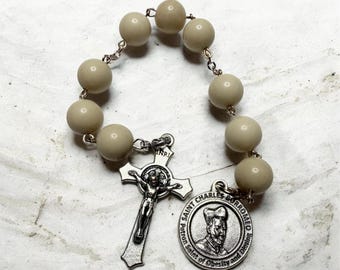 St. Charles Borromeo Dieting Chaplet | 9-Bead Catholic Rosary | Prayer for Weight Loss, Self-Control & Healthy Living | Natural Fossil Beads