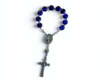 Miraculous Medal One Decade Rosary – Cobalt Blue Glass Pocket Rosary with Italian St. Benedict Crucifix, Traditional Catholic Travel Rosary