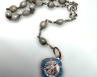 Infant Jesus of Prague Chaplet | Natural Job’s Tears Prayer Beads with Blue Enamel Medal