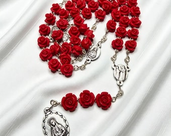 Heirloom Seven Sorrows Servite Chaplet – Red Rose Bouquet of Roses for Our Lady Rosary Beads