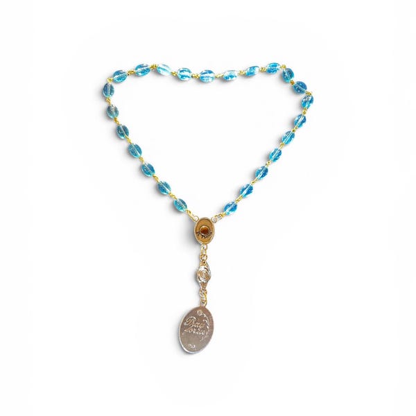 St. Therese Third Class Relic Chaplet | Wire Wrapped Little Flower Rosary, Aqua Blue Beads