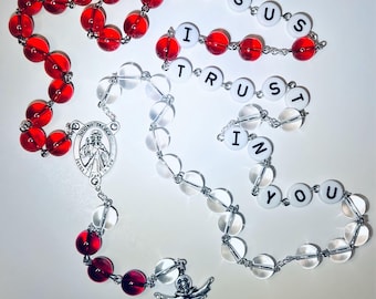 Rosenkrans med kapell av gudomlig barmhärtighet – ”Jesus, jag litar på dig” (glaspärlor, treenighetskrucifix)