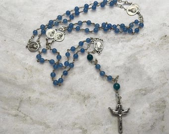 Six Decade Carmelite Brigittine Rosary with Fatima Soil Center Medal & Our Lady of Mt. Carmel Paters |  Blue Jade Wire Wrapped