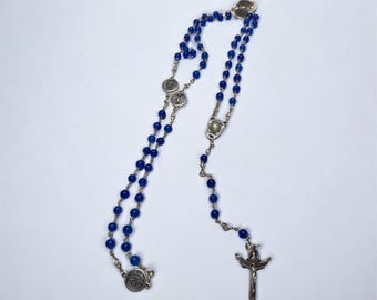 Six Decade Carmelite Brigittine Rosary with Lourdes Water Center Medal & Miraculous Medal Paters |  Blue Jade Wire Wrapped