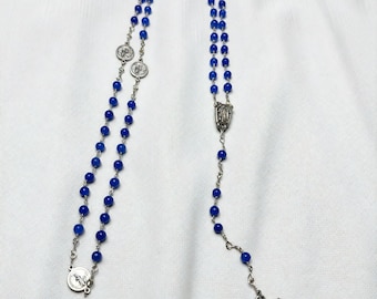 Six Decade Carmelite Brigittine Rosary with Lourdes Water Center Medal |  Blue Jade Wire Wrapped Lourdes St. Bernadette Pater Medals