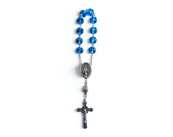 Miraculous Medal One Decade Rosary – Teal Blue Glass Pocket Rosary with Italian St. Benedict Crucifix, Traditional Catholic Travel Rosary