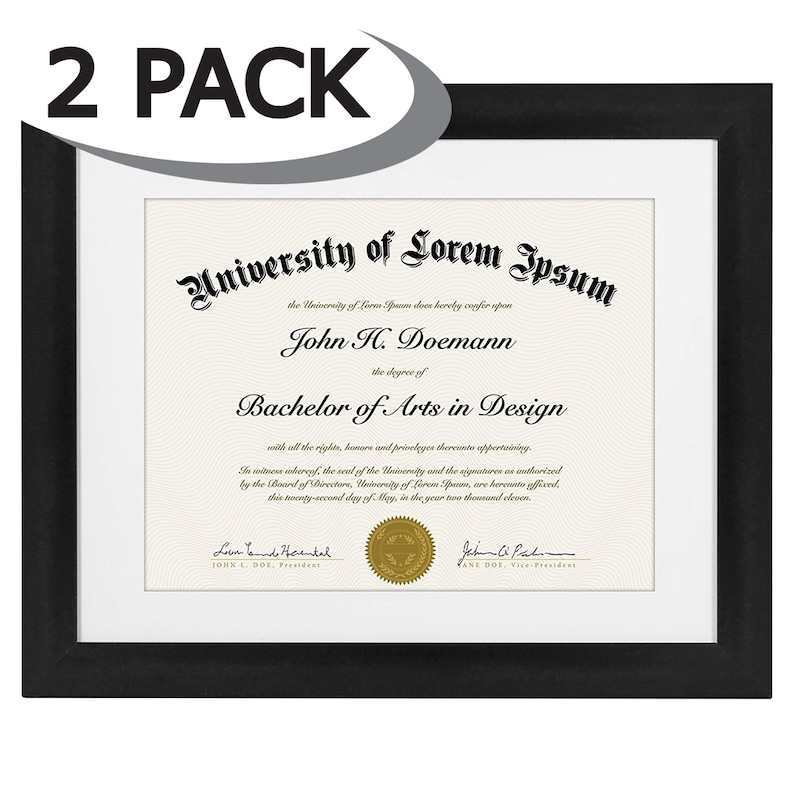 2 Pack 11x14 Black Document Frames Made for Documents Sized 8.5x11 Inches with Mat and 11x14 Inches without Mat