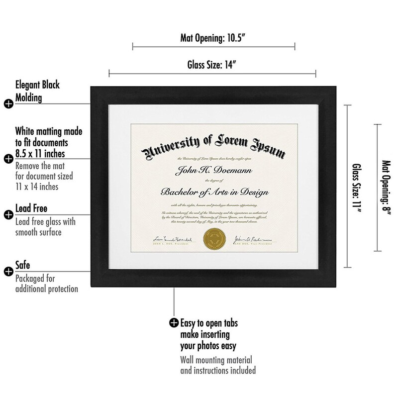 2 Pack 11x14 Black Document Frames Made for Documents Sized 8.5x11 Inches with Mat and 11x14 Inches without Mat