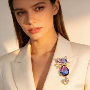 Può includere: Spilla a forma di gatto color oro con un grande corpo a goccia di cristallo viola e blu. La testa e la coda del gatto sono decorate con cristalli trasparenti. La spilla è appuntata su un blazer bianco.