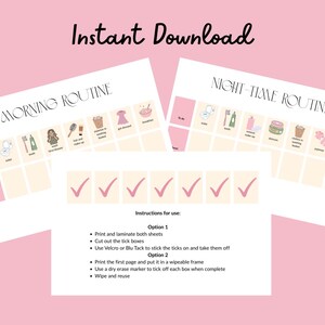 May include: Digital printable morning and night routine charts with illustrations of daily activities. The charts include check boxes and instructions for use. The words "Instant Download" are at the top of the image.