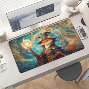 May include: A rectangular mousepad featuring a fox dressed as a wizard, holding a glowing orb. The fox wears a wizard hat and robe, set against a swirling blue and gold background. The design is detailed and colorful, suitable for a desk accessory.
