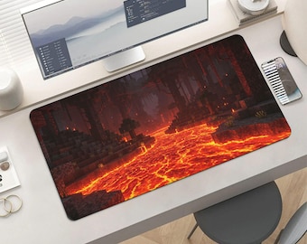 Alfombrilla de ratón Minecraft Lava River - Alfombrilla de escritorio para juegos con paisaje épico de lava del Nether, alfombrilla de ratón extendida con río de fuego del bioma del infierno y pixel art