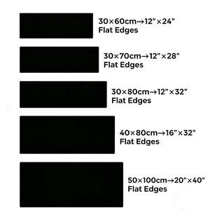 Puede incluir: Se muestran alfombras rectangulares negras de varios tama&ntilde;os, con dimensiones de 30x60cm, 30x70cm, 30x80cm, 40x80cm y 50x100cm. Cada alfombra tiene bordes planos. El texto indica las medidas m&eacute;tricas e imperiales.