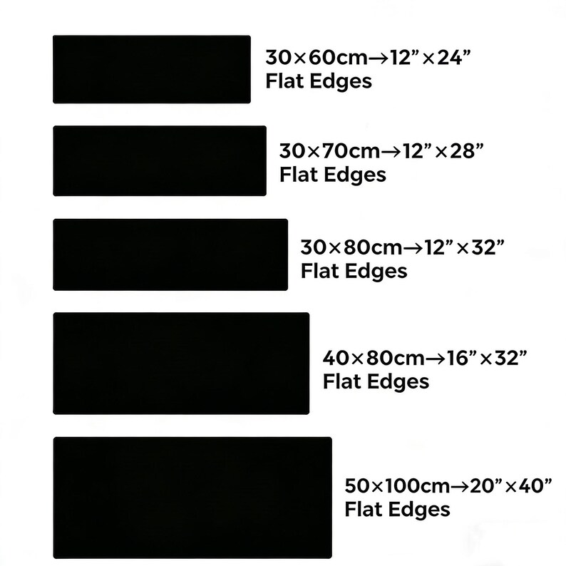 Puede incluir: Se muestran alfombras rectangulares negras de varios tama&ntilde;os, con dimensiones de 30x60cm, 30x70cm, 30x80cm, 40x80cm y 50x100cm. Cada alfombra tiene bordes planos. El texto indica las medidas m&eacute;tricas e imperiales.