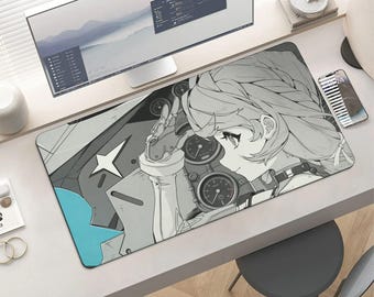 Anime Pilot Girl Cockpit Mouse Pad – Monochrome Robotic Hand Salute Desk Mat