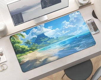 Tropical Beach Desk Mat: Scenic Ocean View, Palm Trees, Island Landscape (Extended Gaming Pad)
