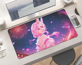 Fantasy Anime Mouse Pad - Pink Fox Spirit Maiden in Firework Night Sky, Large Extended Gaming Pad for PC, Laptop & Office