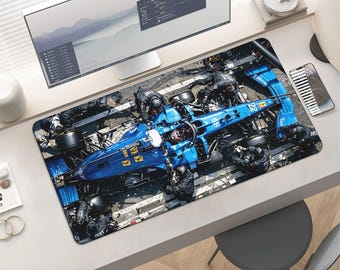 Formula 1 Pit Stop Blue Racing Car Gaming Mouse Pad - Realistic F1 Pit Crew Action Large Extended Desk Mat for Motorsports Fans