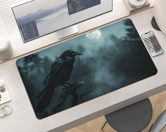 Mystical Raven Perched on Branch Large Desk Mat – Dark Forest Moonscape Pad
