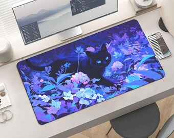 Black Cat Floral Desk Mat – Mystical Blue Garden Mousepad