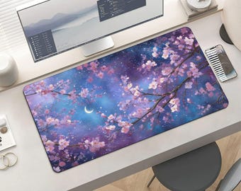 Starry Sakura Cherry Blossom Mouse Pad - Dreamy Purple Galaxy Floral Fantasy Gaming Mat